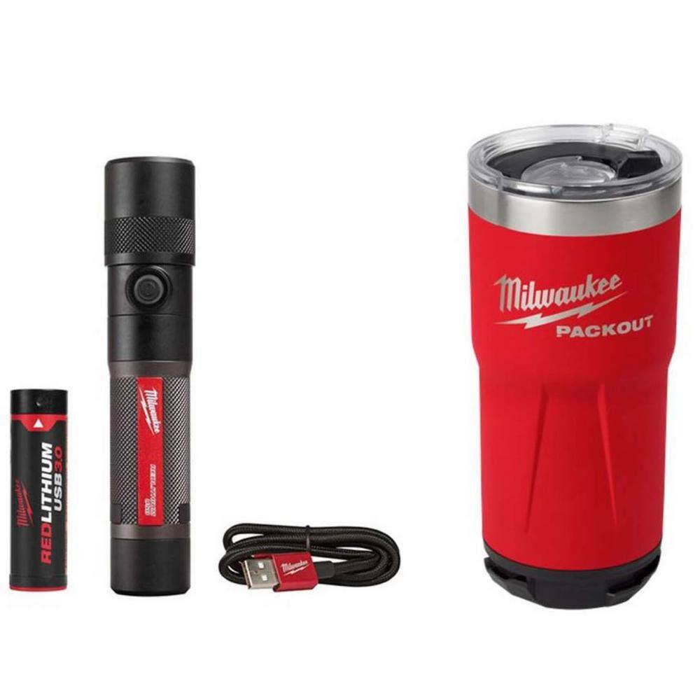 MW 1100 Lumens LED USB Rechargeable Twist Focus Flashlight with PACKOUT Red 20 oz. Tumbler 2161-21H-48-22-8392RP