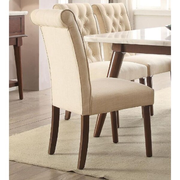 Gasha Side Chair (Set-2) in Beige Linen and Walnut， Button Tufted， Soft Cushioned Backs and Seats