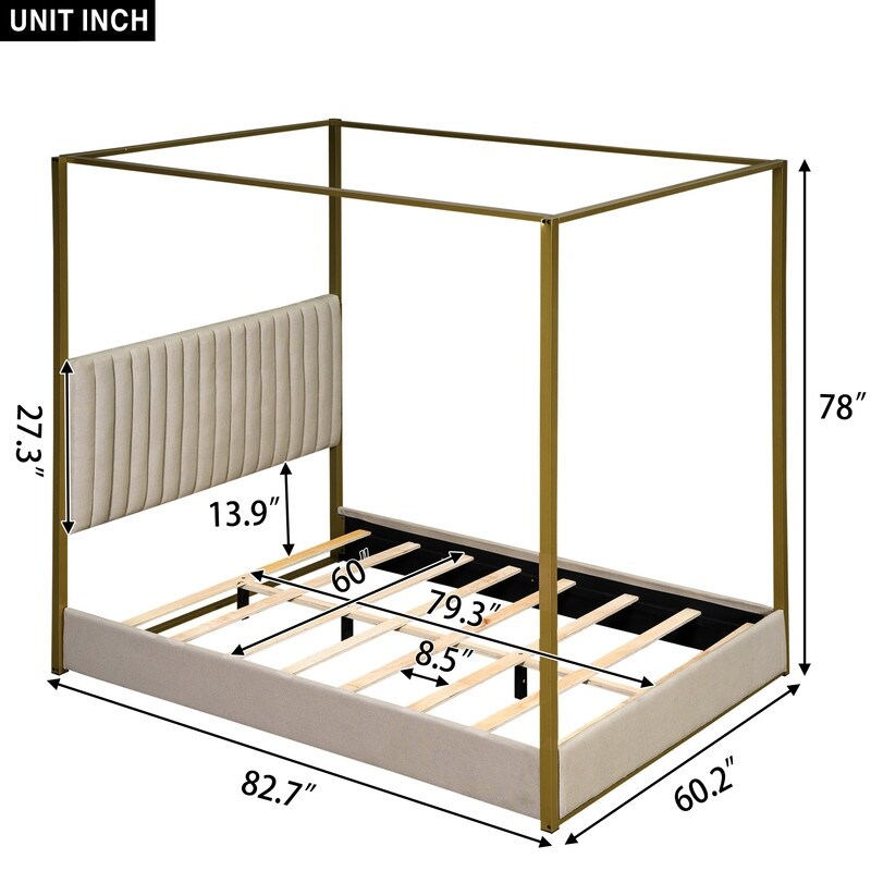 Queen Size Wood Upholstery Canopy Platform Bed w/Headboard and Metal Frame