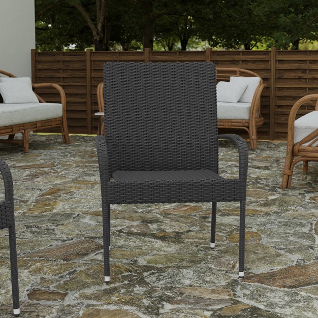 Merrick Lane Set Of Indoor outdoor Black Wicker Patio Chairs With Powder Coated Steel Frame Comfortably Curved Back And Arms