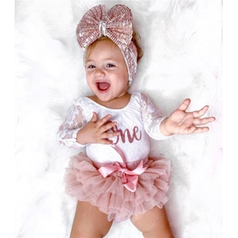 Newborn Baby Girls My First Birthday Outfits Cute Long Sleeve Floral Lace Romper Tutu Skirt Headband Children's Clothing Set