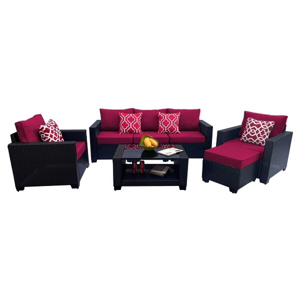 Modern 7PC PE Rattan Wicker Sofa Set，Cushioned Outdoor Furniture，Coffee Table