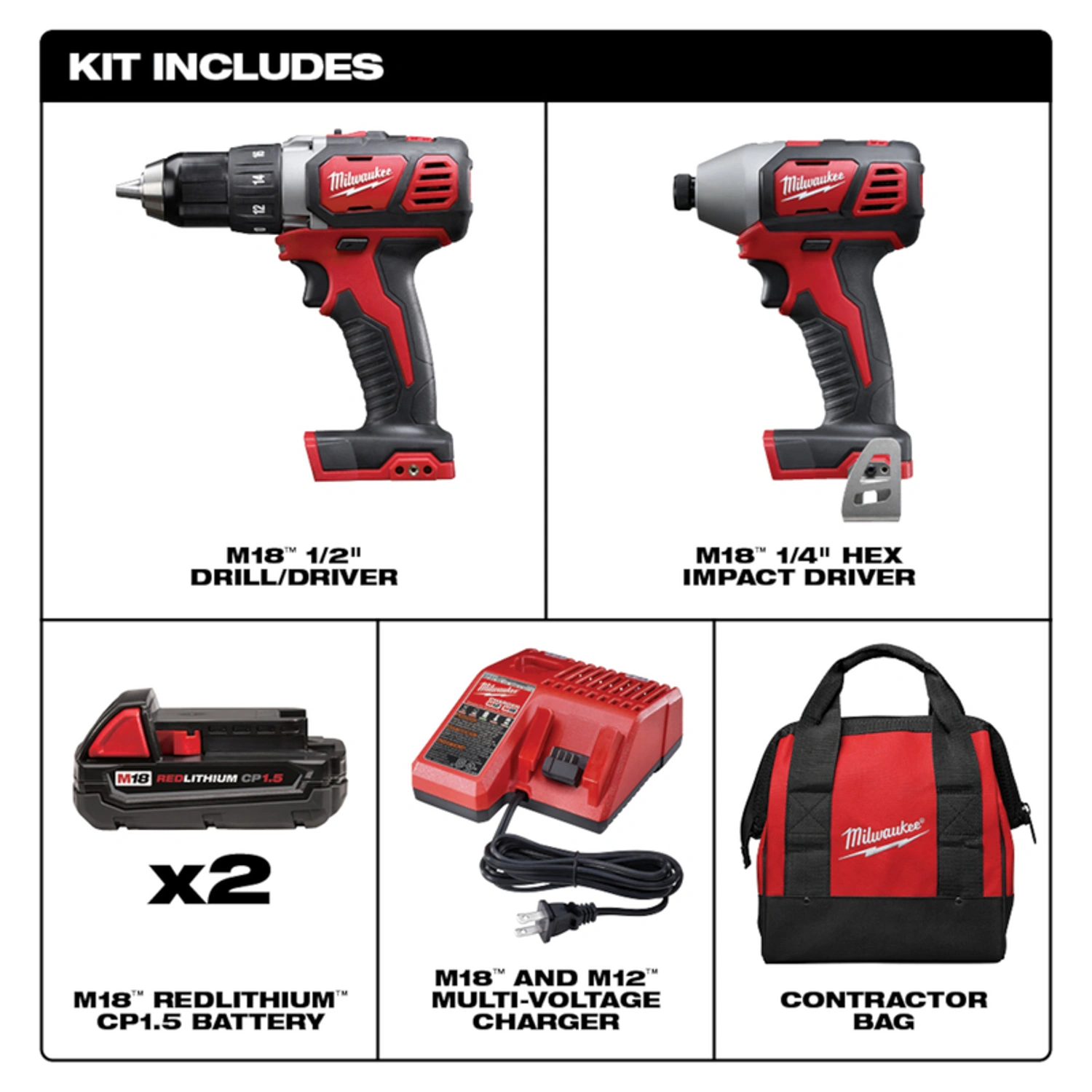 MW M18 18 V Cordless Brushed 2 Tool Drill/Driver and Impact Driver Kit