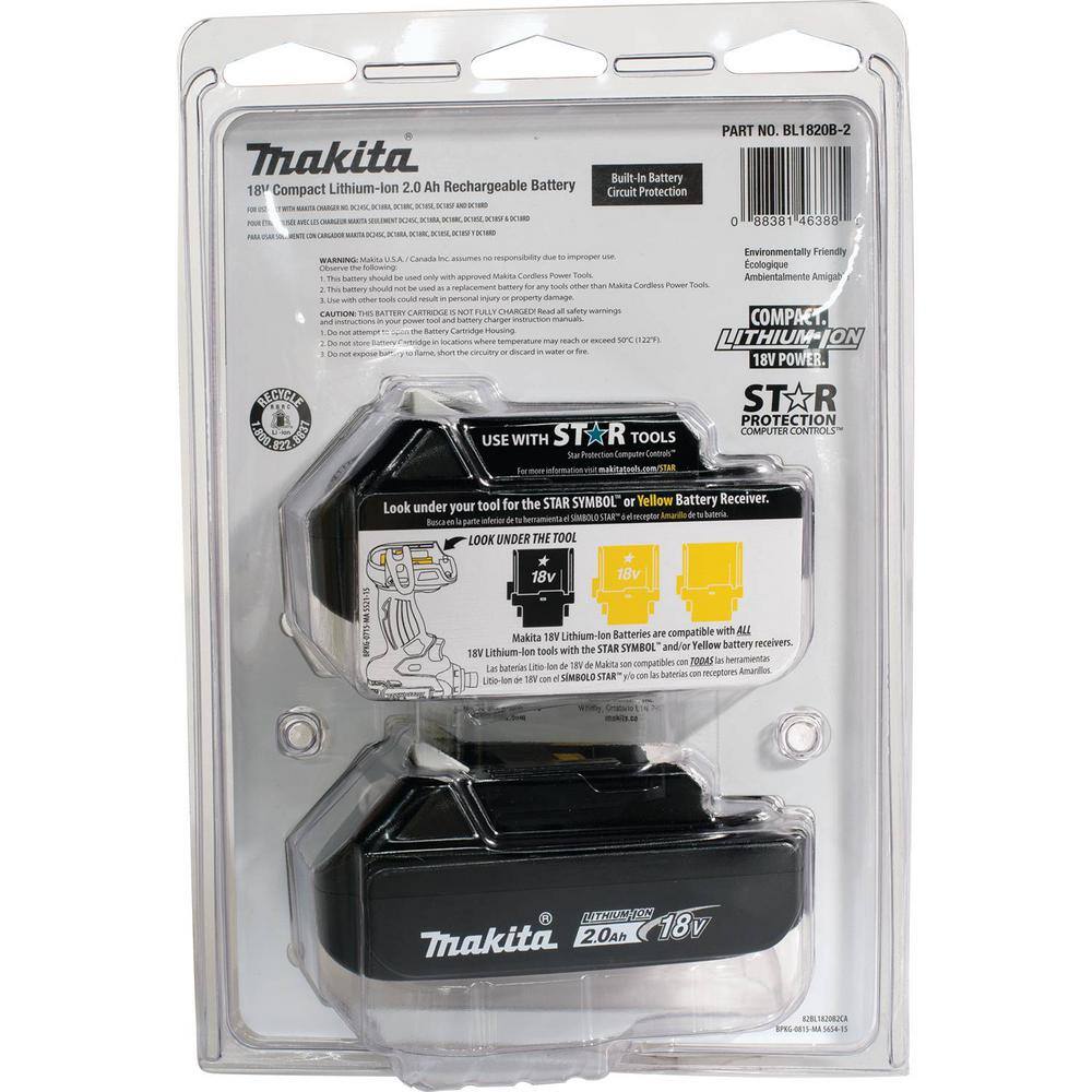 Makita 18V LXT Lithium-Ion Compact Battery Pack 2.0Ah with Fuel Gauge (2-Pack) BL1820B-2