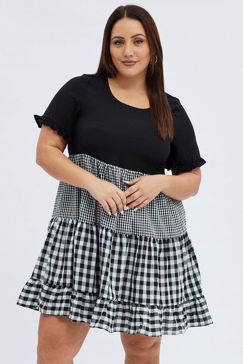 Black Check Mini Dress Short Sleeve Tiered