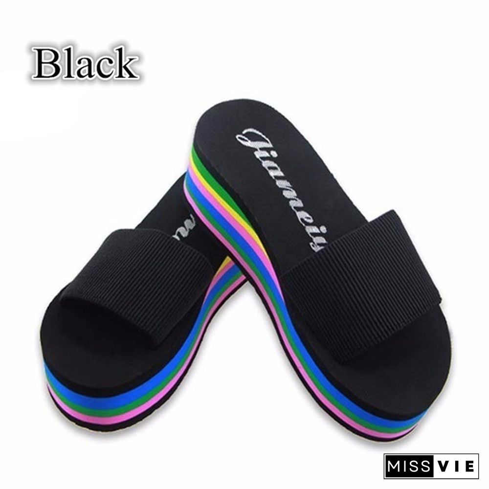 Women Fashion Summer High Heels Sandals Rainbow Non-Slip Thick Soled Slippers Ladies Platform Wedge Beach Slippers