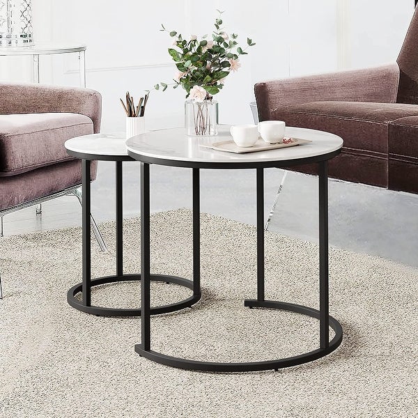 Round Coffee Table Set of 2， Modern Accent Marble Texture Coffee Tables