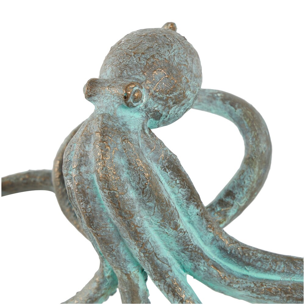 Blue Polystone Distressed Patina Octopus Sculpture with Gold Foil Accents