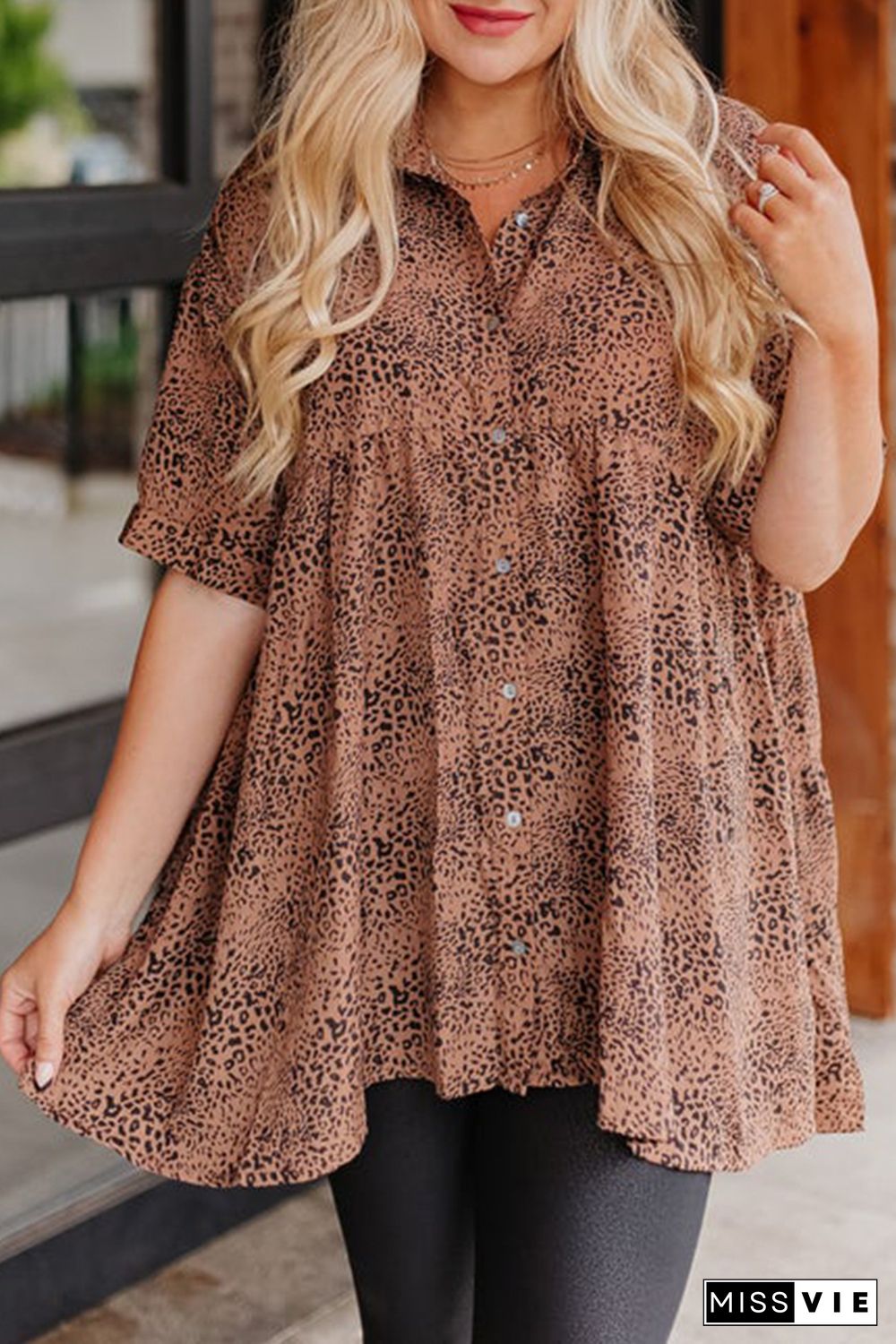 Leopard Print Short Sleeve High Low Plus Size Top