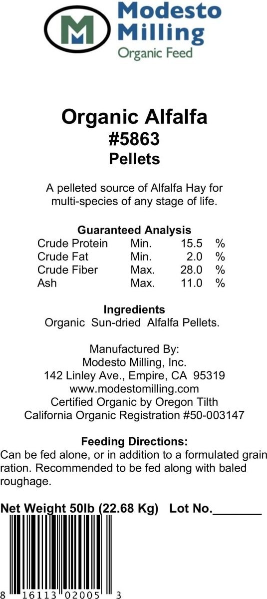 Modesto Milling Organic Alfalfa Horse Food， 50-lb bag