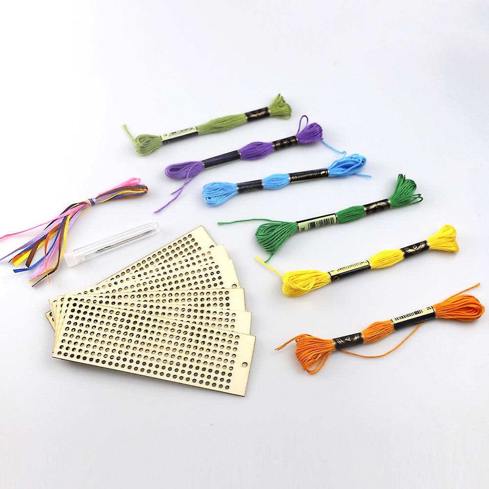 1 Kit 6pcs Wooden Bookmark With Colour Embroidery Threads Diy Craft Kit Home Decor Cross-stitch Keyring