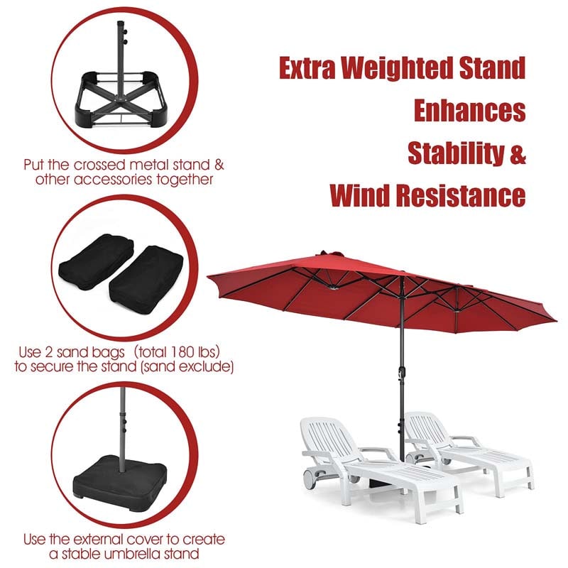 15FT Double-Sided Twin Patio Umbrella with Base & Crank System, Extra-Large Cantilever Market Umbrella