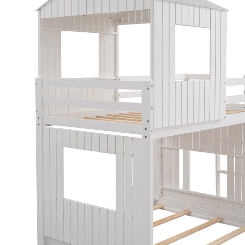 Churanty Twin Over Full Bunk Bed With Slide Wooden House Bunk Bed Playhouse Beds For Kids White