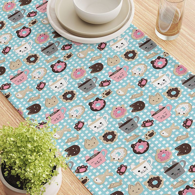 Table Runner， 100% Polyester， 12x72， Cat Lovers Mugs and Donuts