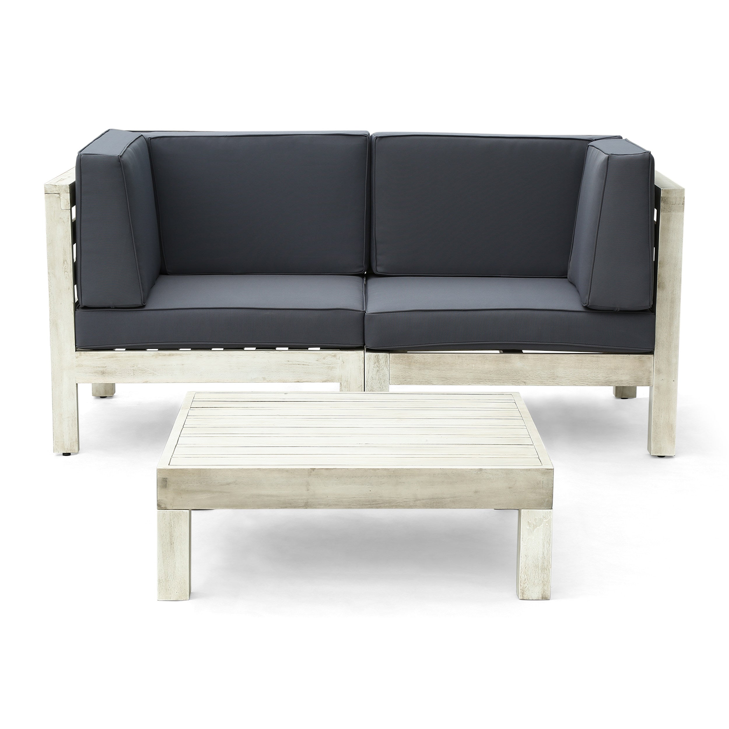 Dawson Outdoor Sectional Love Seat Set with Coffee Table - 3-Piece 2-Seater - Acacia Wood - Outdoor Cushions