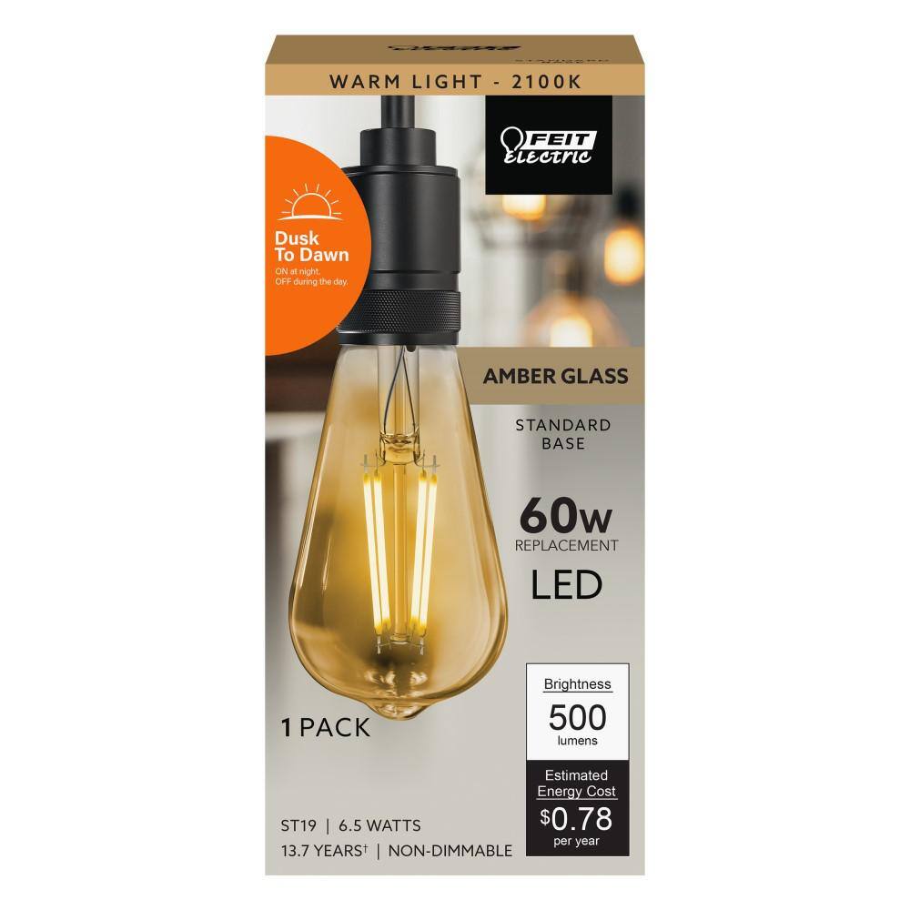 Feit Electric 60-Watt Equivalent ST19 Straight Filament Dusk to Dawn Amber Glass E26 Vintage Edison LED Light Bulb Warm White ST19VGDDFILEDHDRP