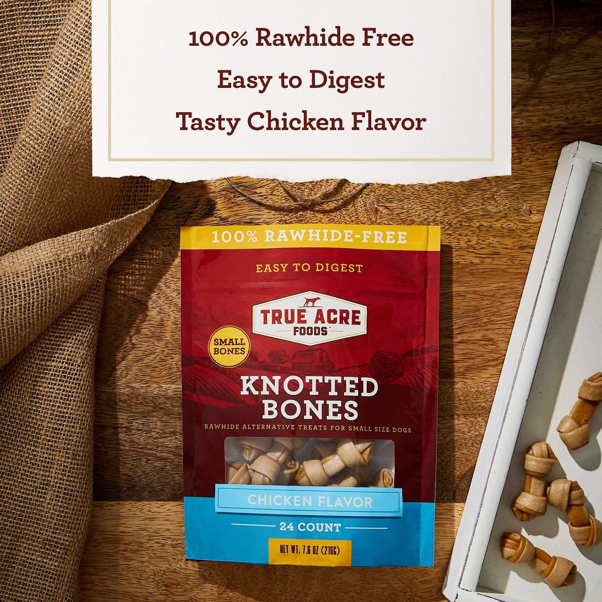 True Acre Foods Rawhide-Free Knotted Bones Chicken Flavor Treats， Mini， 24 count