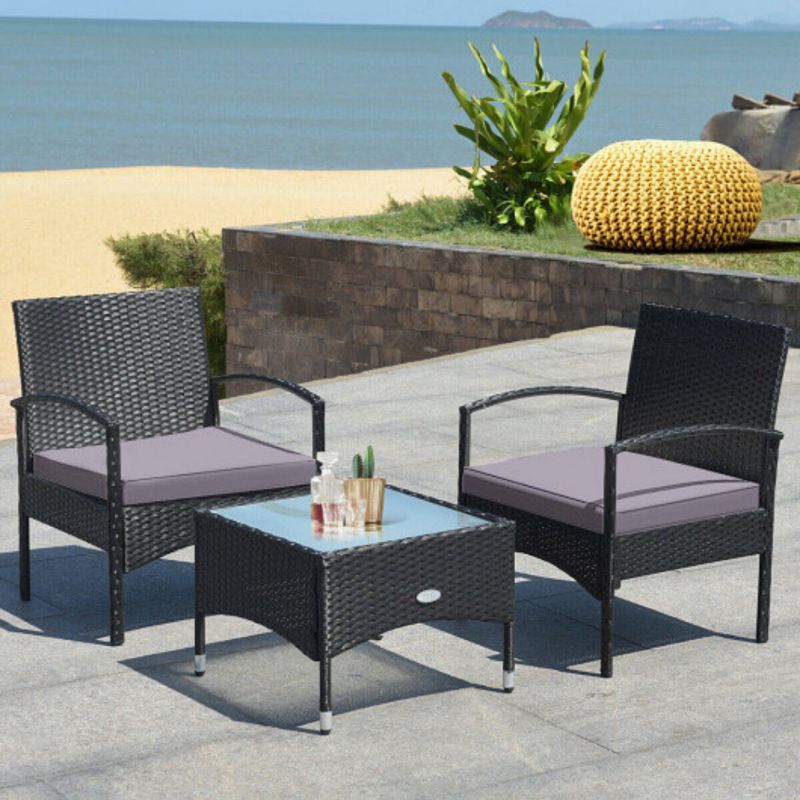 3 Pieces Patio Wicker Rattan Furniture Set with Cushion for Lawn Backyard