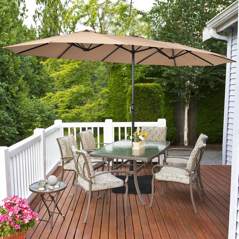 15FT Double-Sided Twin Patio Umbrella with Base & Crank System, Extra-Large Cantilever Market Umbrella