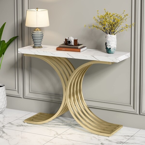 Gold Entryway Console Table with Metal Base， Modern foyer Entry tables， Narrow Sofa Accent Table with Marble Top