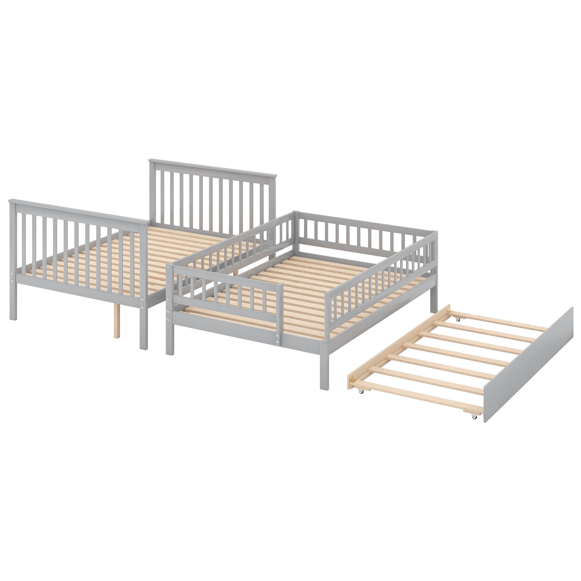 Euroco Full over Full Bunk Bed with Trundle and Storage Shelves for Kids, Gray