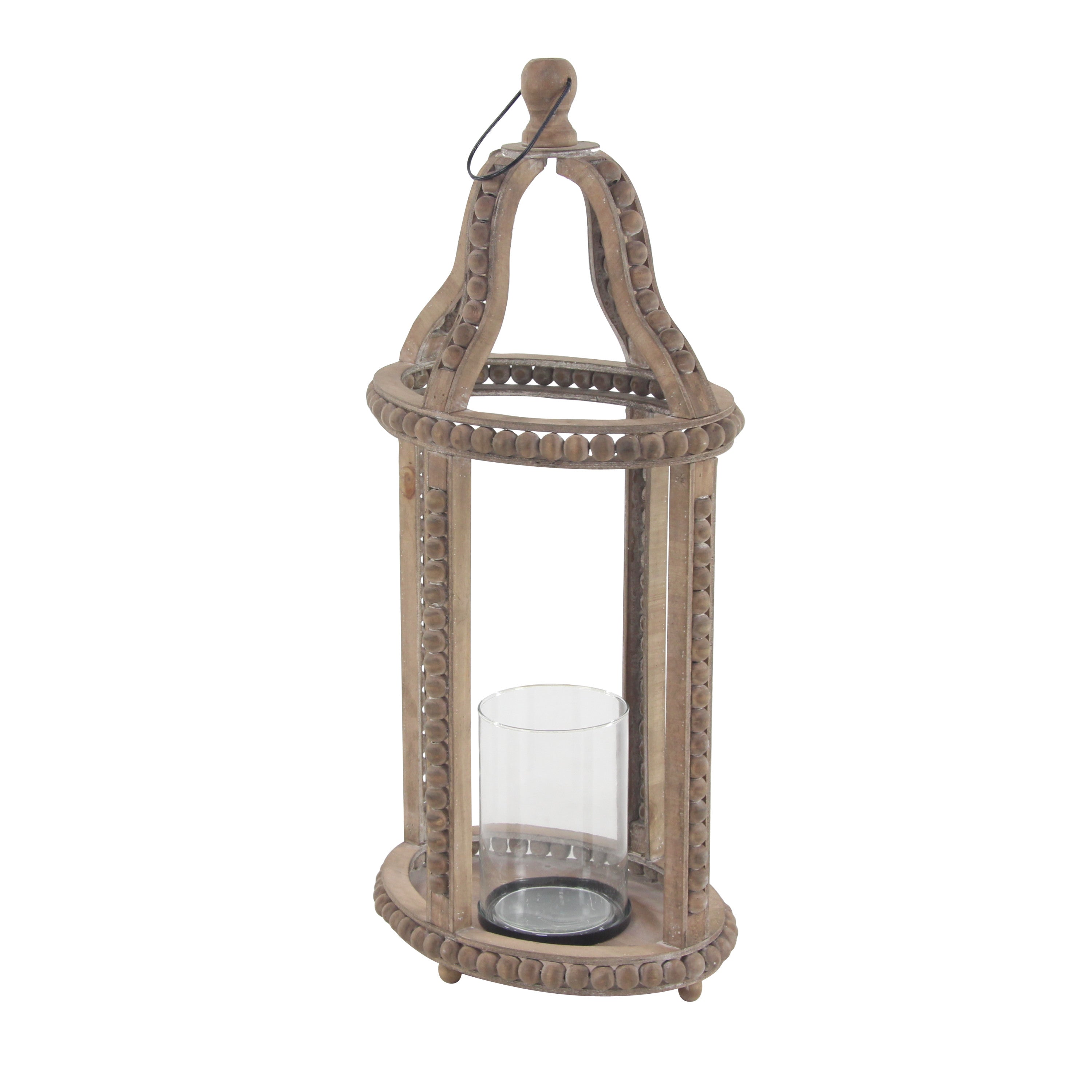 DecMode Brown Reclaimed Wood Beaded Pillar Candle Lantern