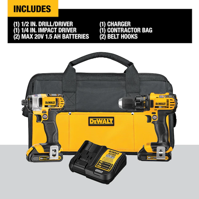 DEWALT DCK280C2 20-Volt MAX Cordless Drill/Impact Combo Kit (2-Tool) with (2) 20-Volt 1.5Ah Batteries， Charger and Bag