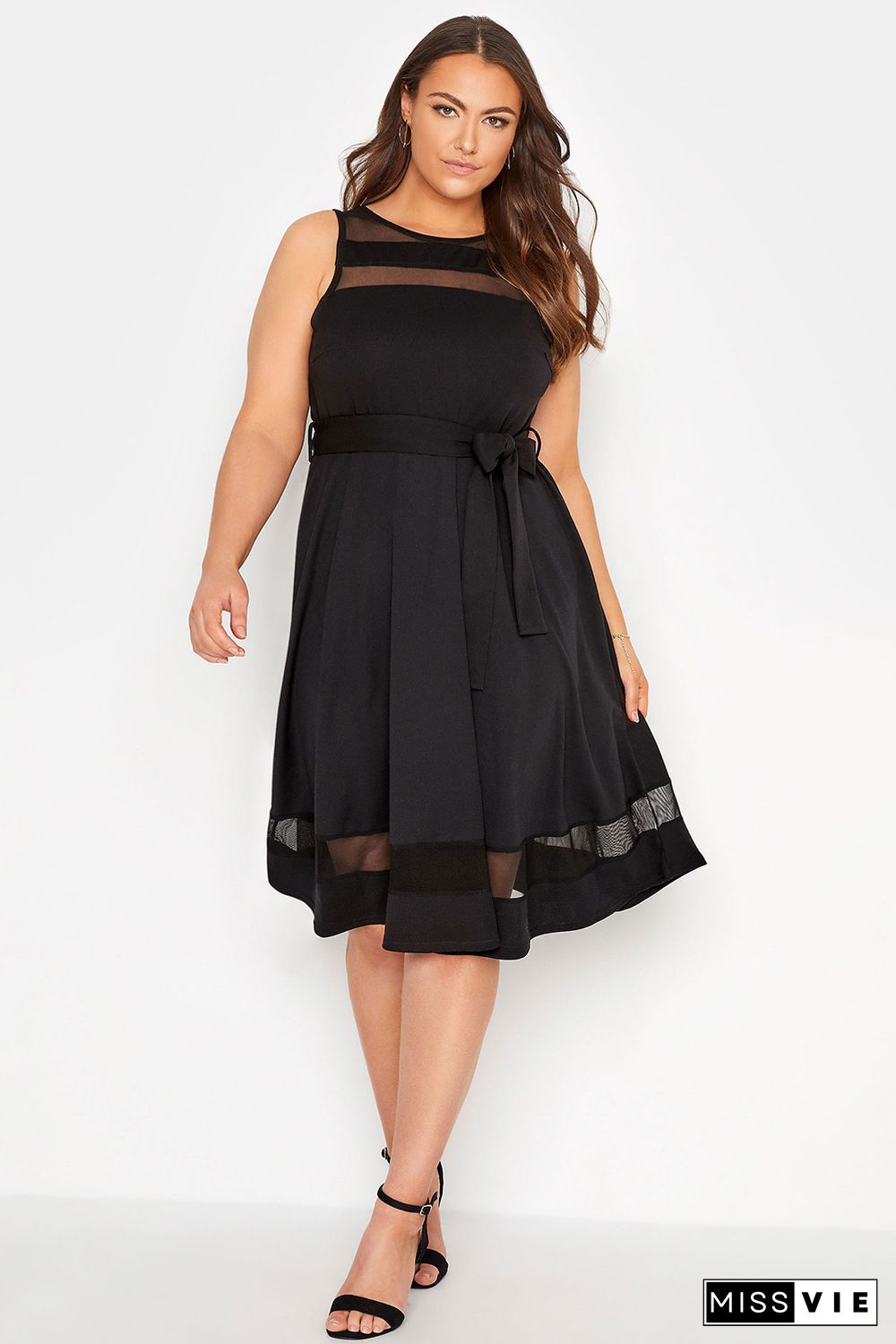 Black Plus Size Mesh Panel Skater Dress