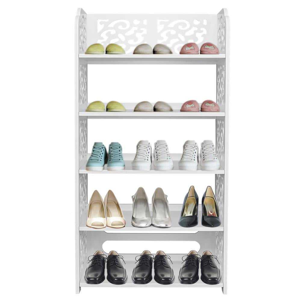 Zimtown 5 Tier Wood Plastic Entryway Shoe Rack Shoe Shelf Closet Storage Organizer Shoe Space Saving for Bedroom Living Room White