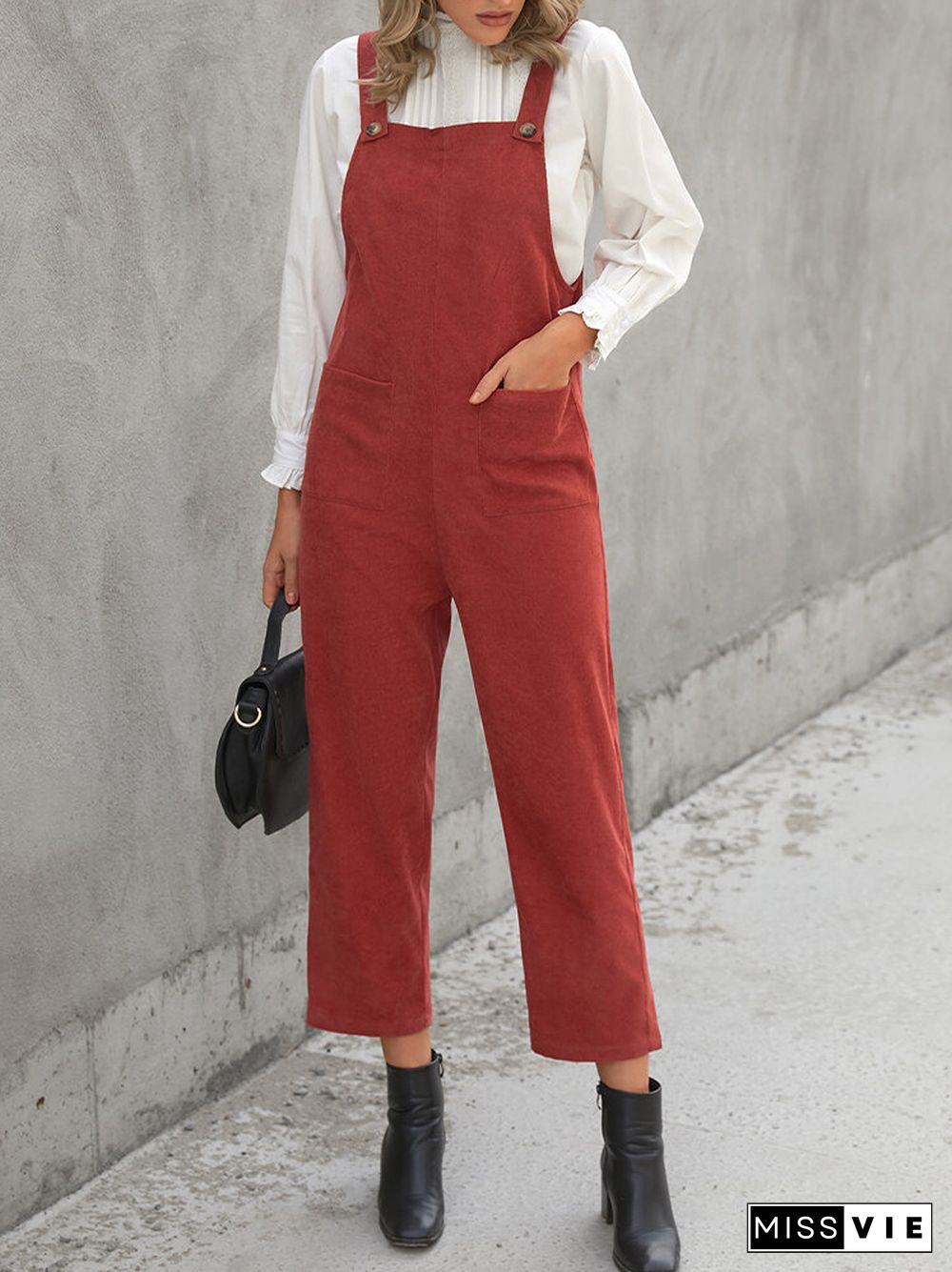 Corduroy Solid Color Pocket Casual Jumpsuit for Women