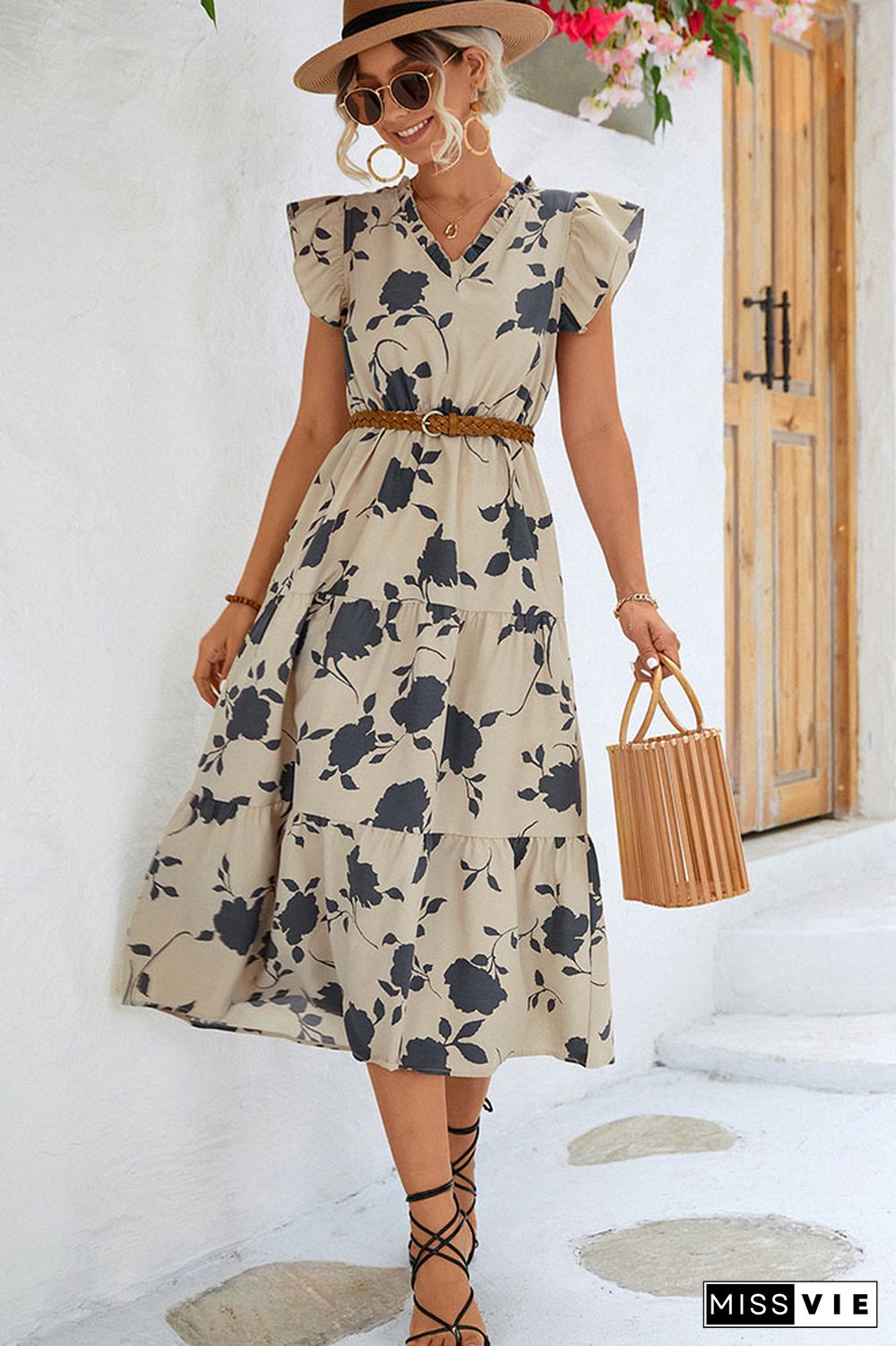 V Neck Ruffle Sleeves Splicing Floral Dress