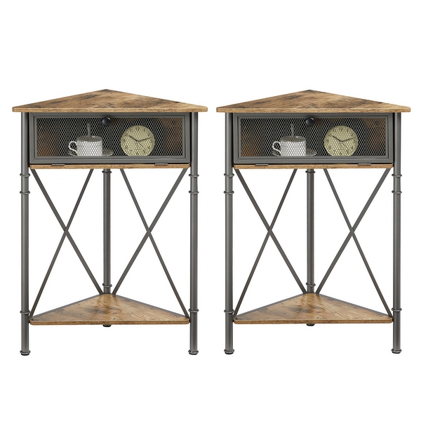 Set of 2 Industrial Triangle Side Table Corner Table with Storage Shelf， Rustic Brown