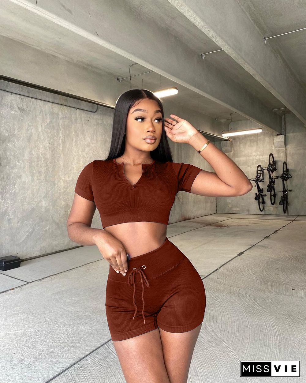 Knitted Short Sleeve Crop Top Biker Shorts Tracksuits