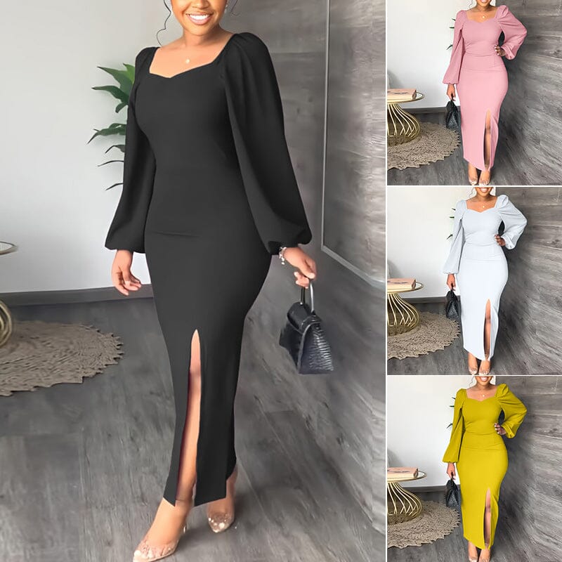 Long Sleeve Square Neck Slit Maxi Dresses