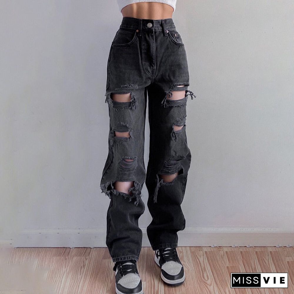 Weekeep Vintage Ripped Hole Jeans Women Baggy Cut Out High Waist Denim Pants Summer Korean Y2k Streetwear Fashion Straight Jeans