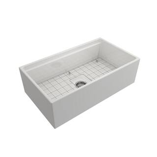 BOCCHI Contempo Step-Rim White Fireclay 33 in. Single Bowl Farmhouse Apron Front Workstation Kitchen Sink with Faucet 1504-001-2020SS