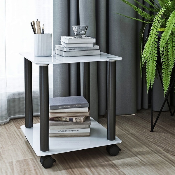 2-tiers Storage Sofa Table Rectangle Coffee Table with Metal Legs Side Table with Glass Tabletop End table with Wheels