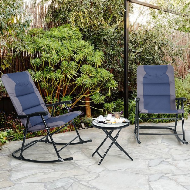 Costway 3pcs Folding Bistro Set Rocking Chair Cushioned Table Garden Blue