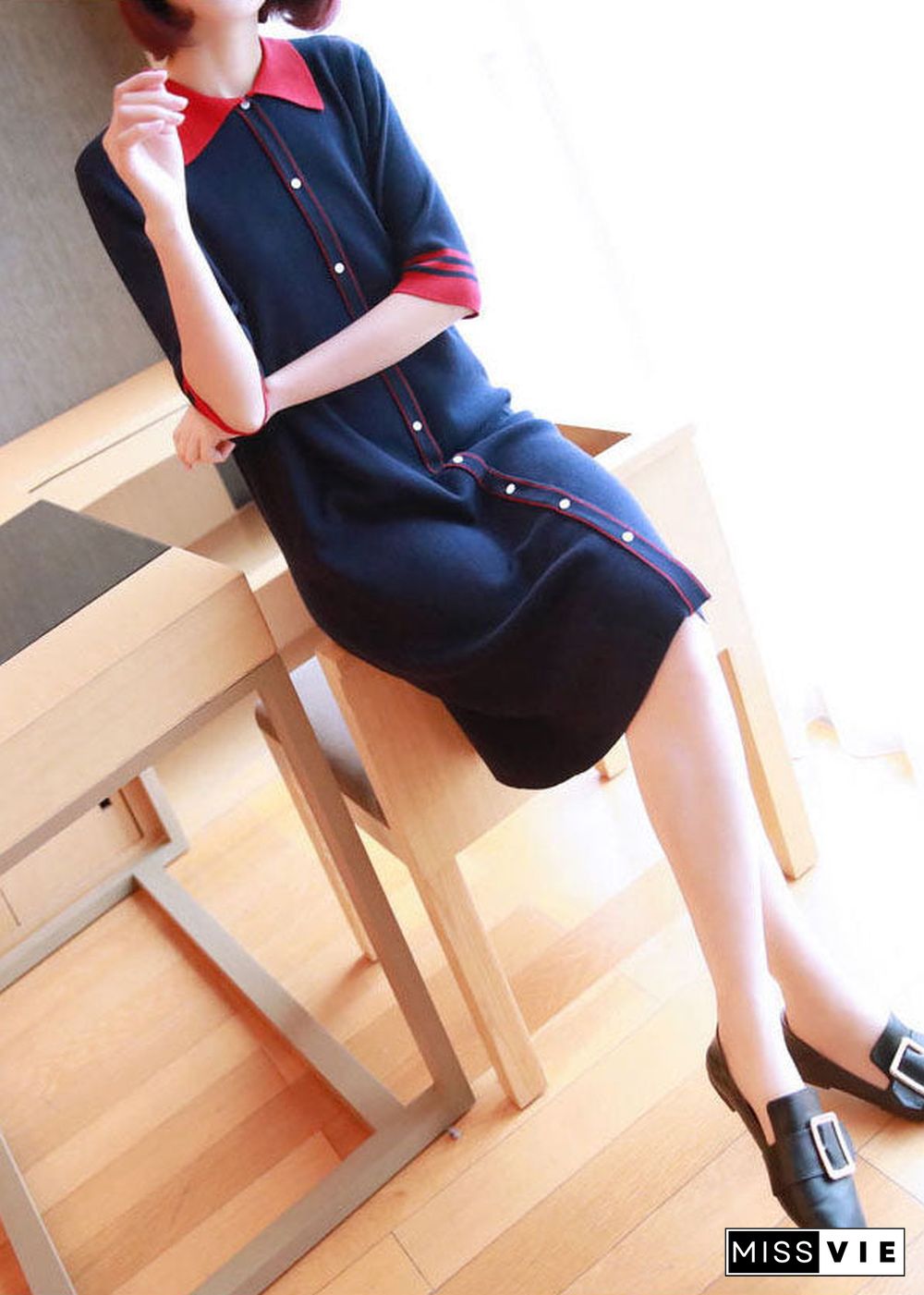 Casual Navy Peter Pan Collar Button Knitted Dresses Half Sleeve