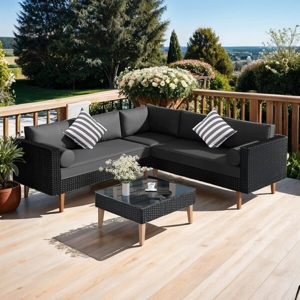 Elegant 4pieces Outdoor Wicker Sofa Set，Patio Furniture with Colorful Pillows，Lshape sofa set，Black cushions and Brown Rattan