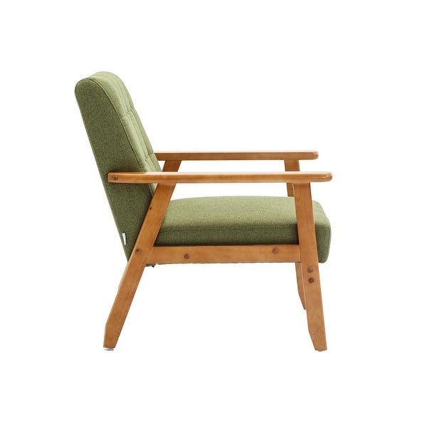 Modern Solid Wood Armrest Accent Chair， Mid-Century Linen Upholstered Button Lounge Chairs， for Livingroom Chair， Green