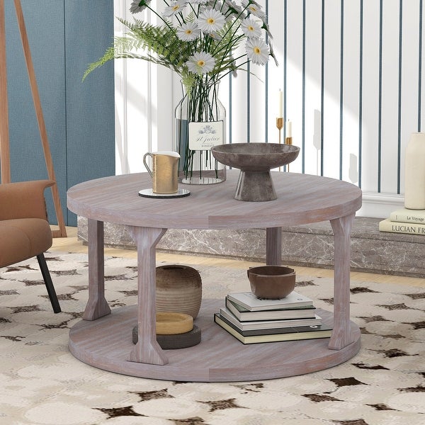 Round Rustic Coffee Table Solid Wood+MDF Coffee Table for Living Room with Dusty Wax Coating and Storage Shelf， Easy Assembly