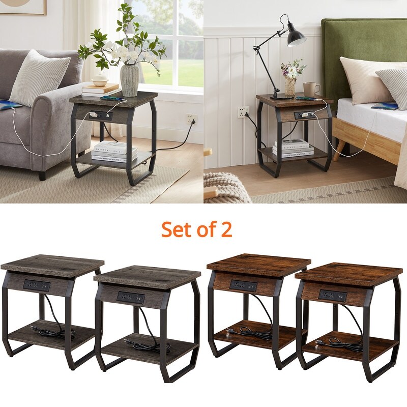 Side Table with Charging End Tables Set of 2 with USB Ports   Sockets