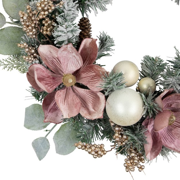 Northlight Pink Floral And Ball Ornament Frosted Pine Artificial Christmas Wreath 24 inch Unlit