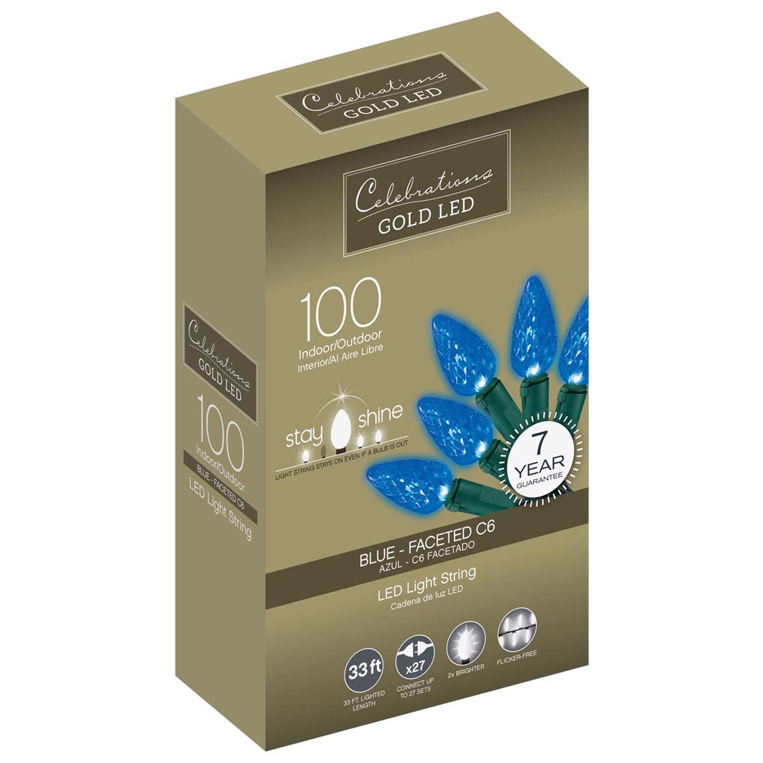 Celebrations Gold LED C6 Blue 100 ct String Christmas Lights 33 ft.