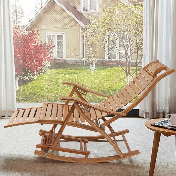 Large Bamboo Folding Rocking Chair Lounge Chair for Balcony Outdoor