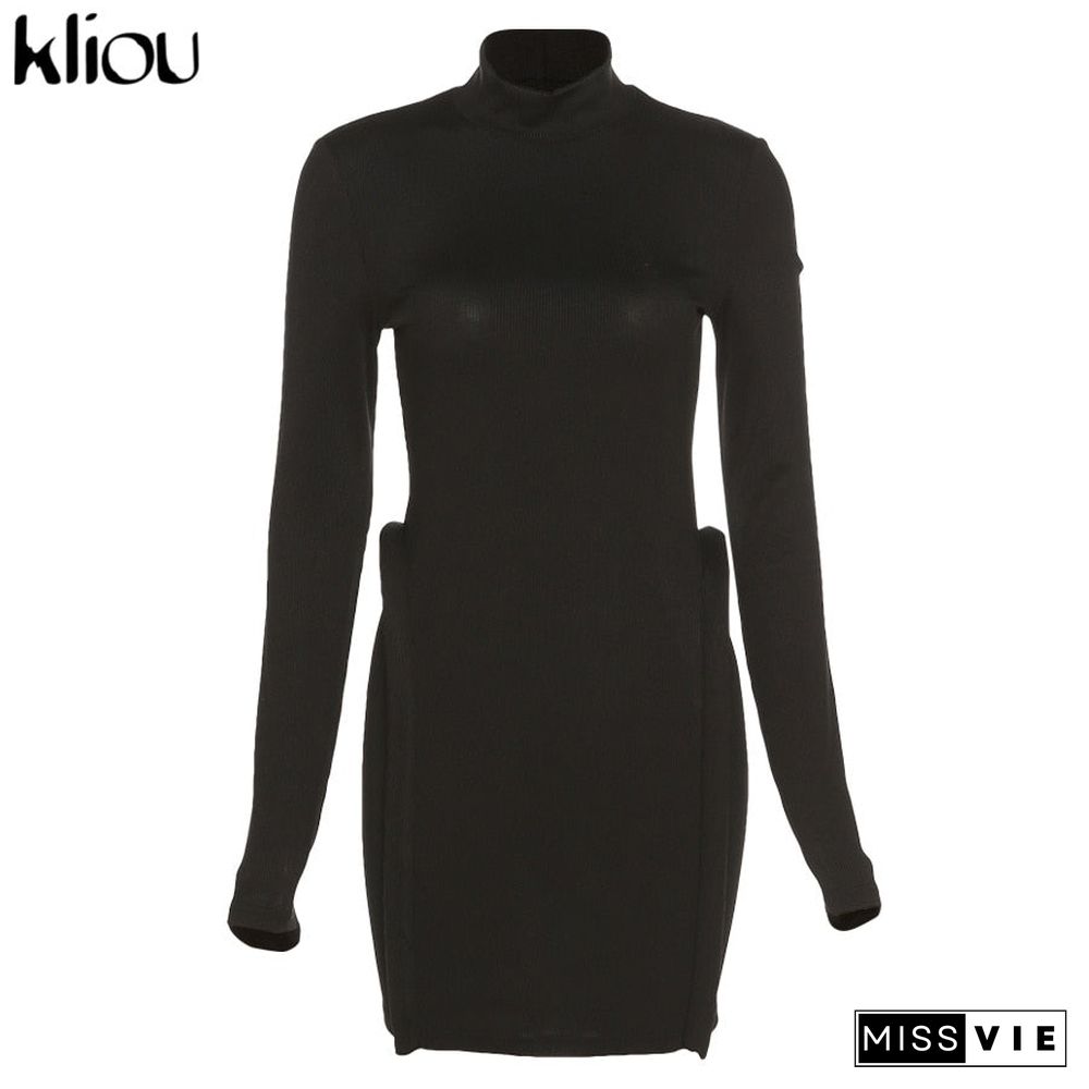 Kliou Knitted Stitching Mini Dress Women Hipster Skinny Three-Dimensional Decoration Bodycon Long Sleeve Turtleneck Streetwear