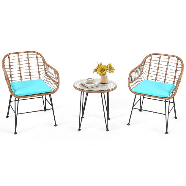 Tangkula 3pcs Patio Rattan Furniture Set With Round Tempered Glass Top Table amp 2 Rattan Armchairs White turquoise red black gray navy