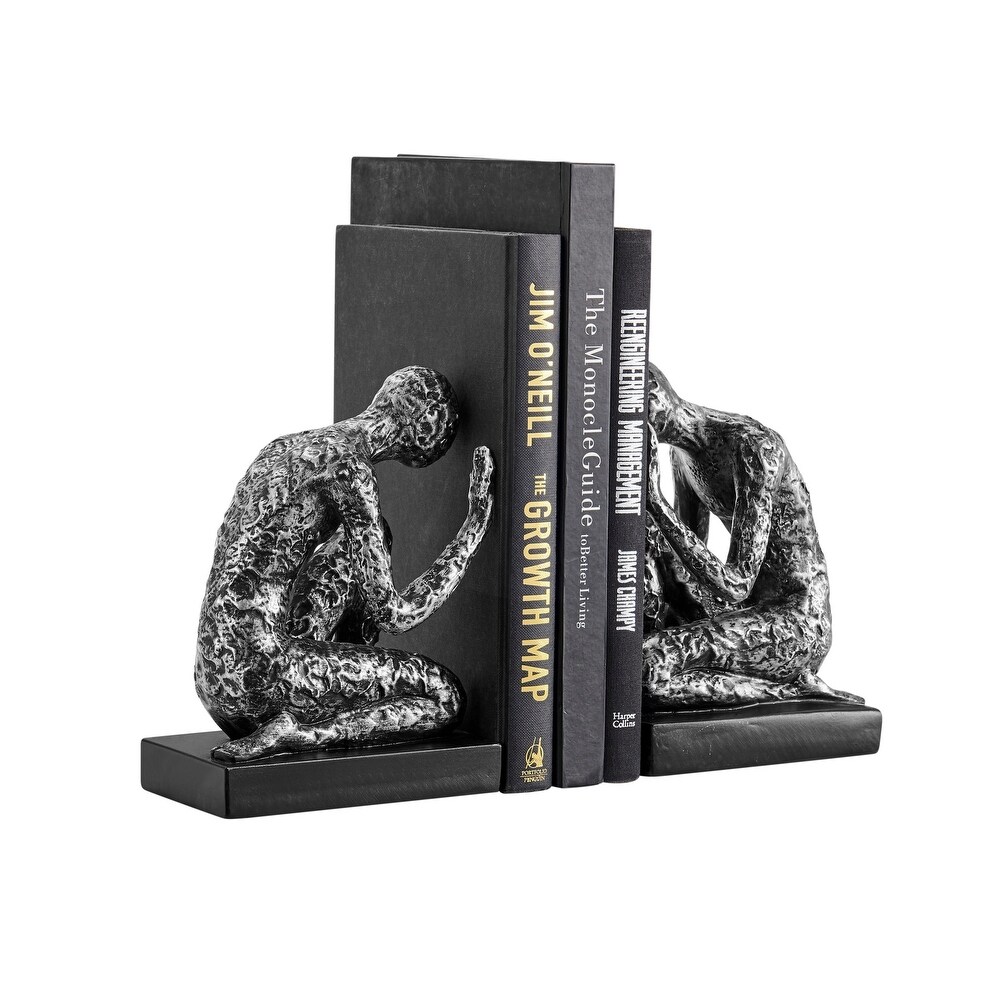 Danya B. Kneeling Figure Sculptures Polyresin Silver and Black Finish Bookend Set of 2