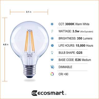 EcoSmart 40-Watt Equivalent G25 Dimmable ENERGY STAR Clear Glass Filament Vintage Edison LED Light Bulb Bright White (3-Pack) FG-03237